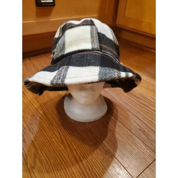 David & Young Plaid Bucket Hat Brown Gray Cream Winter Polyester Wool Lined - Picture 2 of 10